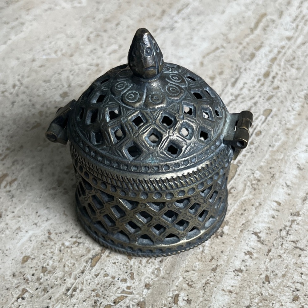 Vintage Dhokra Pierced Metal Lattice Trinket Box with Hinged Lid